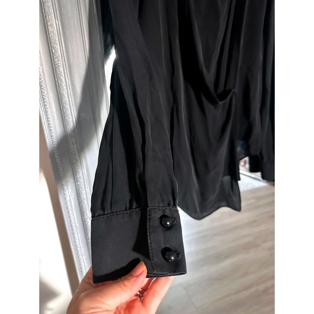 Georgie 100% Silk Black Draped Wrap Front Long Sleeve Lagenlook Blouse Top M - Picture 3 of 6